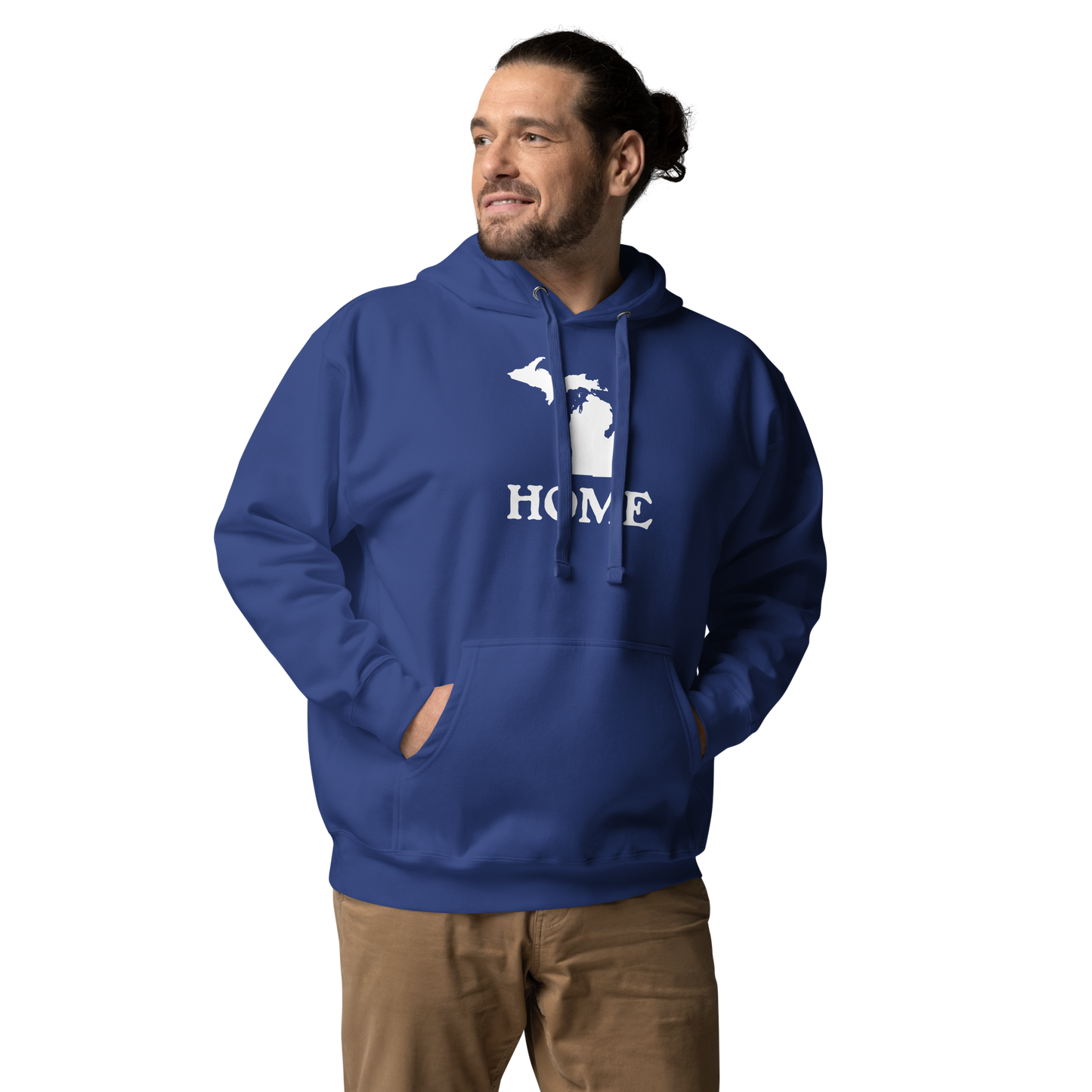 Michigan 'Home' Unisex Premium Hoodie (Woodcut Font w/ MI Outline)