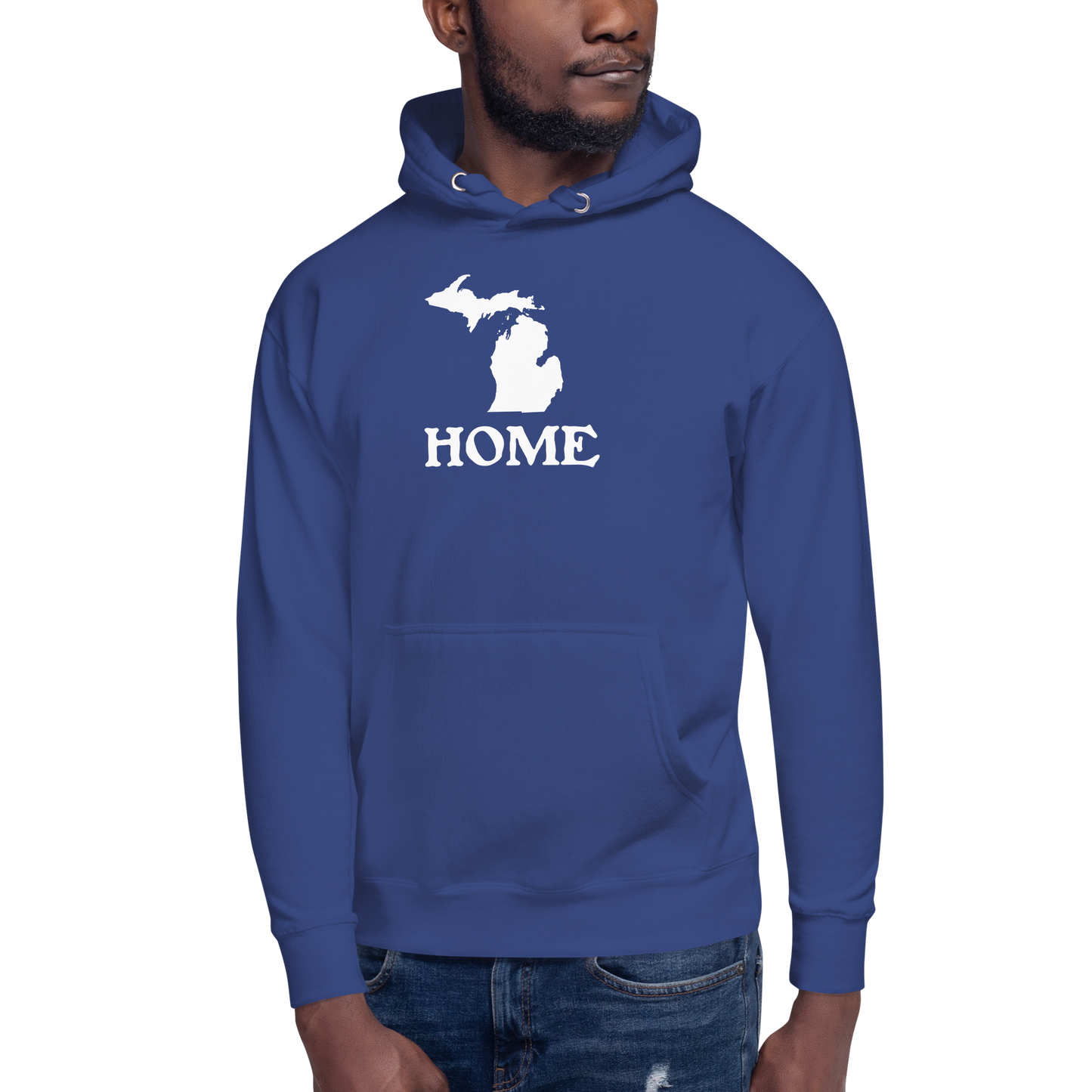 Michigan 'Home' Unisex Premium Hoodie (Woodcut Font w/ MI Outline)