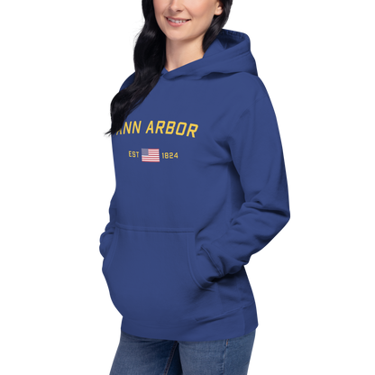 'Ann Arbor EST 1824' Unisex Premium Hoodie (Gold Type w/USA Flag Outline)