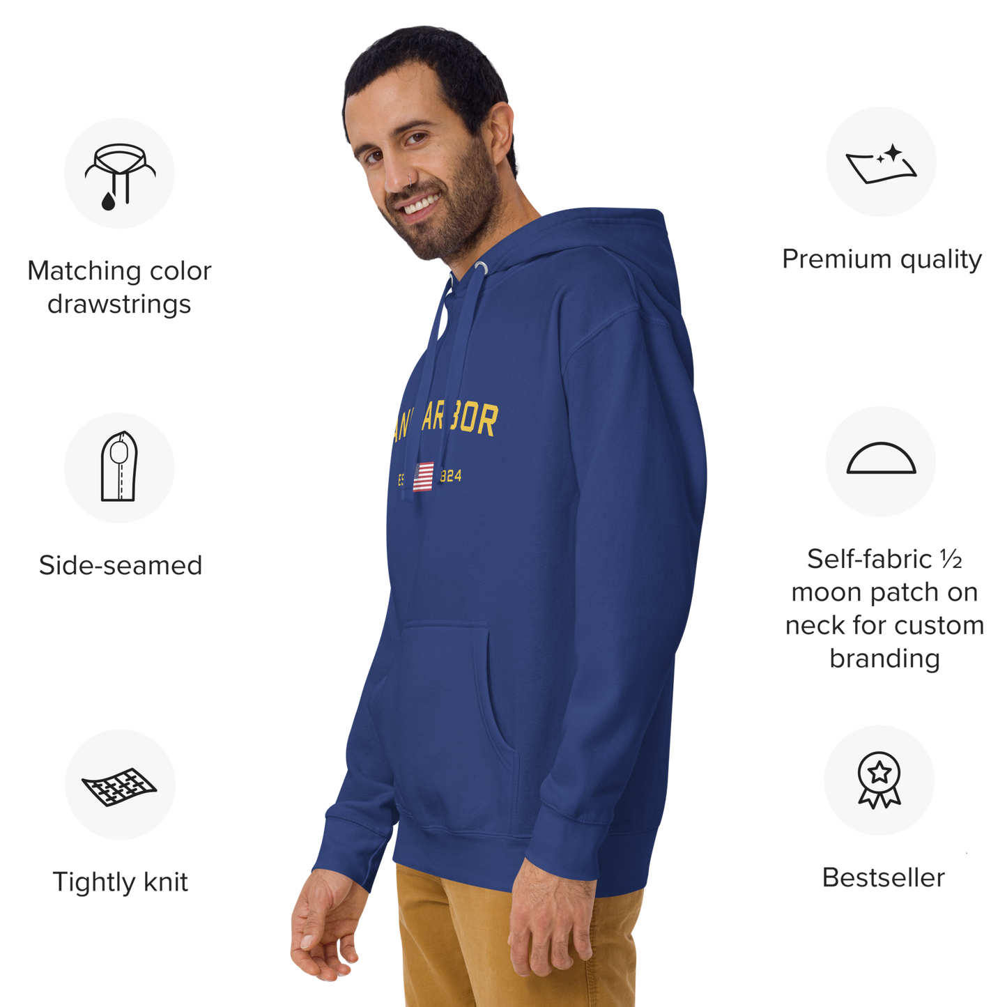 'Ann Arbor EST 1824' Unisex Premium Hoodie (Gold Type w/USA Flag Outline)