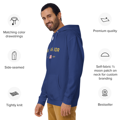 'Ann Arbor EST 1824' Unisex Premium Hoodie (Gold Type w/USA Flag Outline)