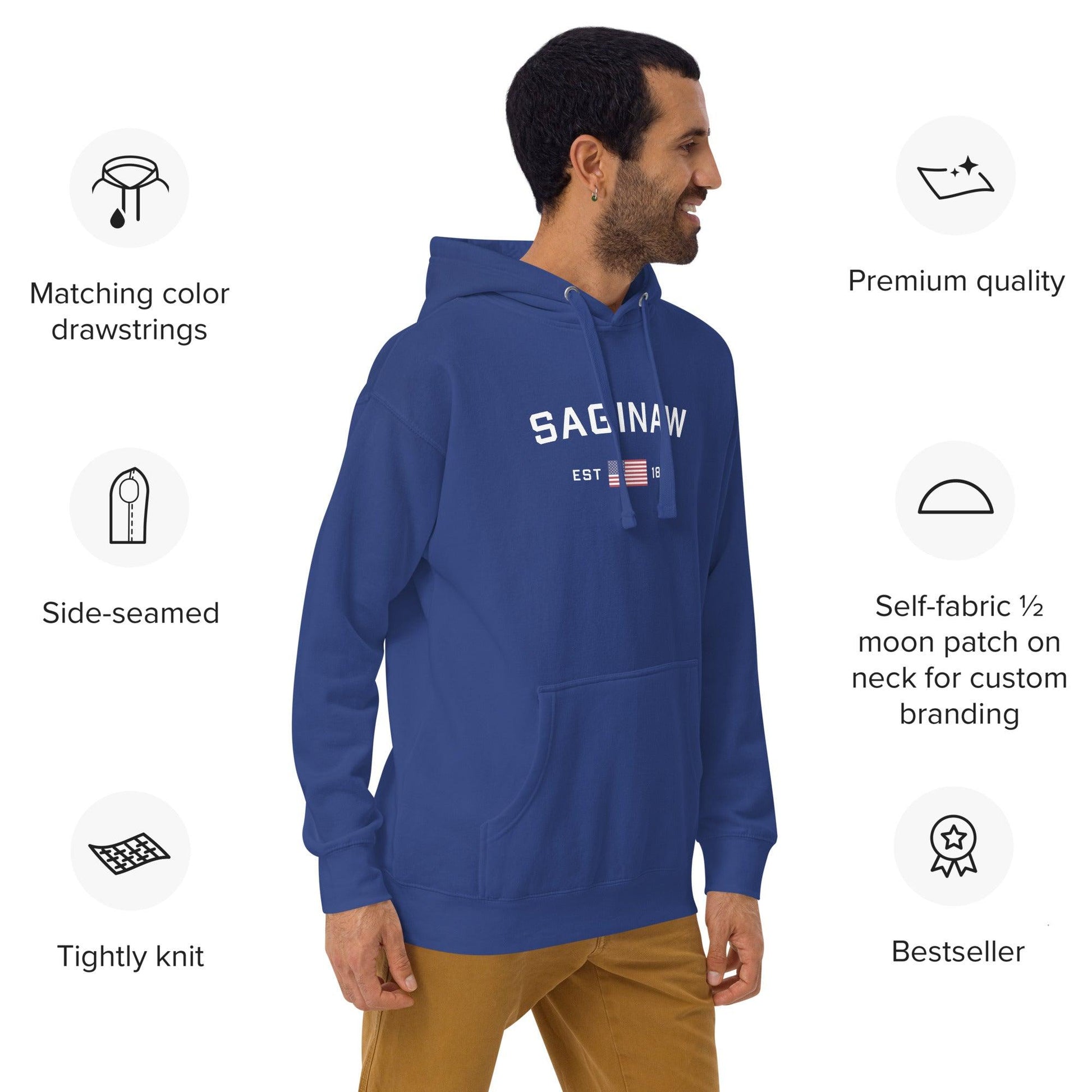 'Saginaw EST 1835' Hoodie (w/ USA Flag Outline) | Unisex Premium - Circumspice Michigan