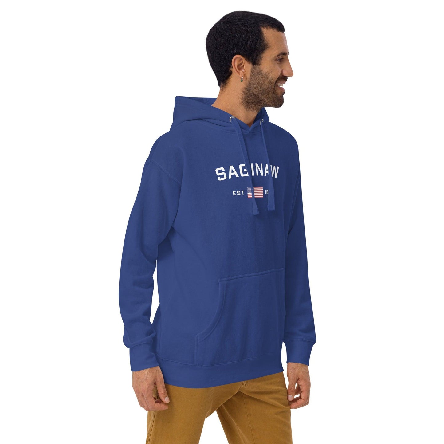 'Saginaw EST 1835' Hoodie (w/ USA Flag Outline) | Unisex Premium - Circumspice Michigan