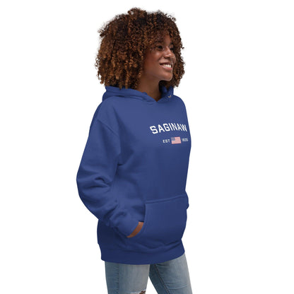 'Saginaw EST 1835' Hoodie (w/ USA Flag Outline) | Unisex Premium - Circumspice Michigan