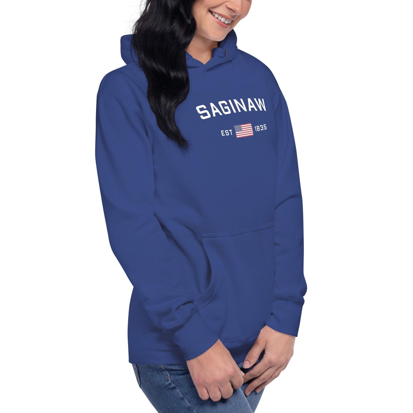 'Saginaw EST 1835' Hoodie (w/ USA Flag Outline) | Unisex Premium - Circumspice Michigan