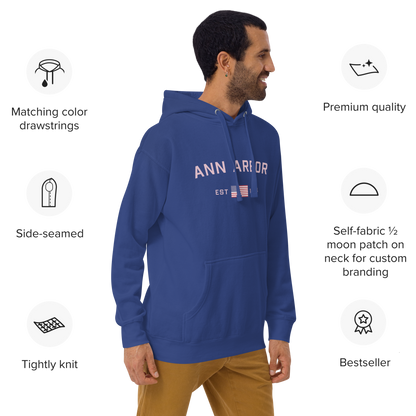 'Ann Arbor 1824' Unisex Premium Hoodie (Pink Type w/USA Flag Outline)