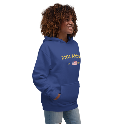 'Ann Arbor EST 1824' Unisex Premium Hoodie (Gold Type w/USA Flag Outline)