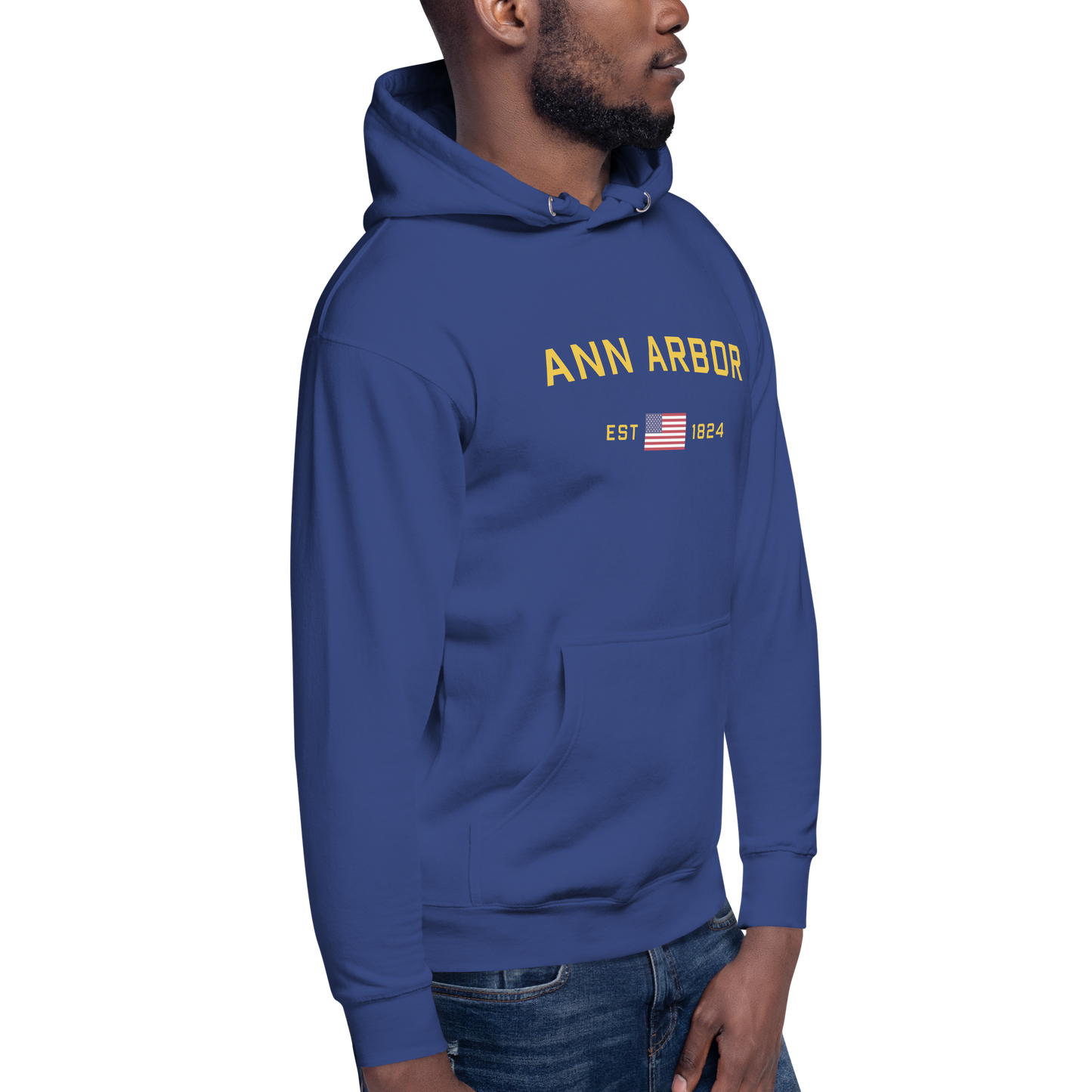 'Ann Arbor EST 1824' Unisex Premium Hoodie (Gold Type w/USA Flag Outline)