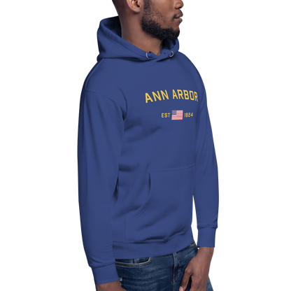 'Ann Arbor EST 1824' Unisex Premium Hoodie (Gold Type w/USA Flag Outline)