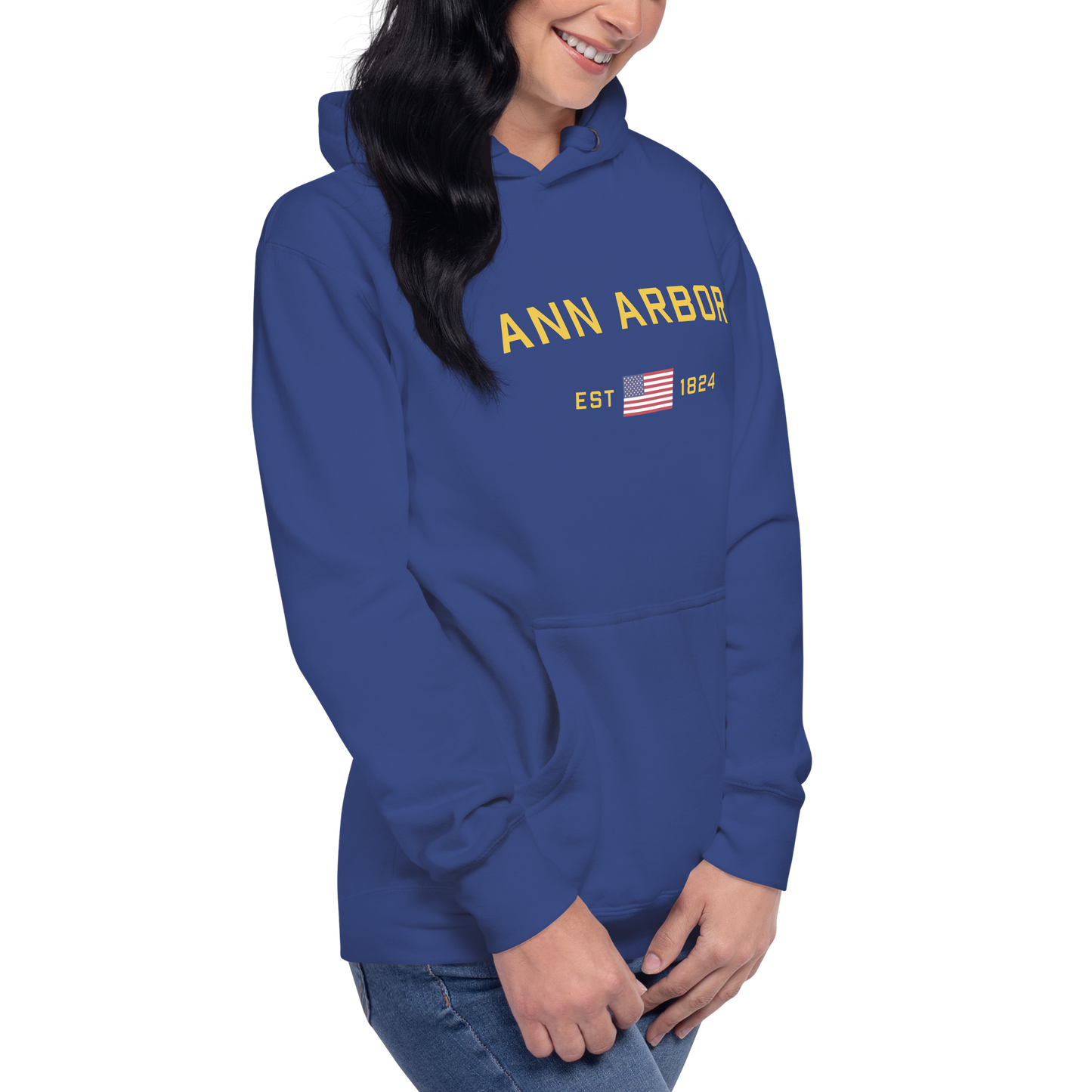 'Ann Arbor EST 1824' Unisex Premium Hoodie (Gold Type w/USA Flag Outline)