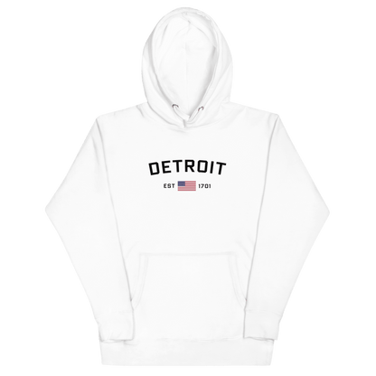 'Detroit EST 1701' Hoodie (w/ United States Flag) | Unisex Premium - Circumspice Michigan