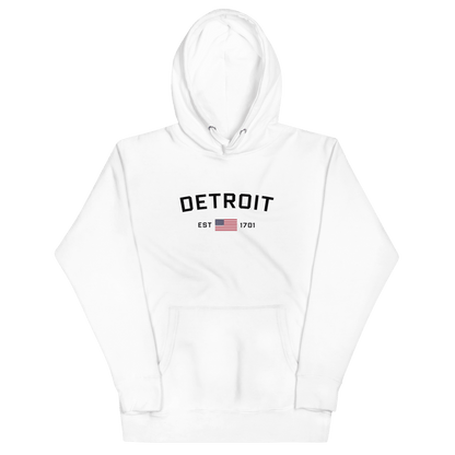 'Detroit EST 1701' Hoodie (w/ United States Flag) | Unisex Premium - Circumspice Michigan