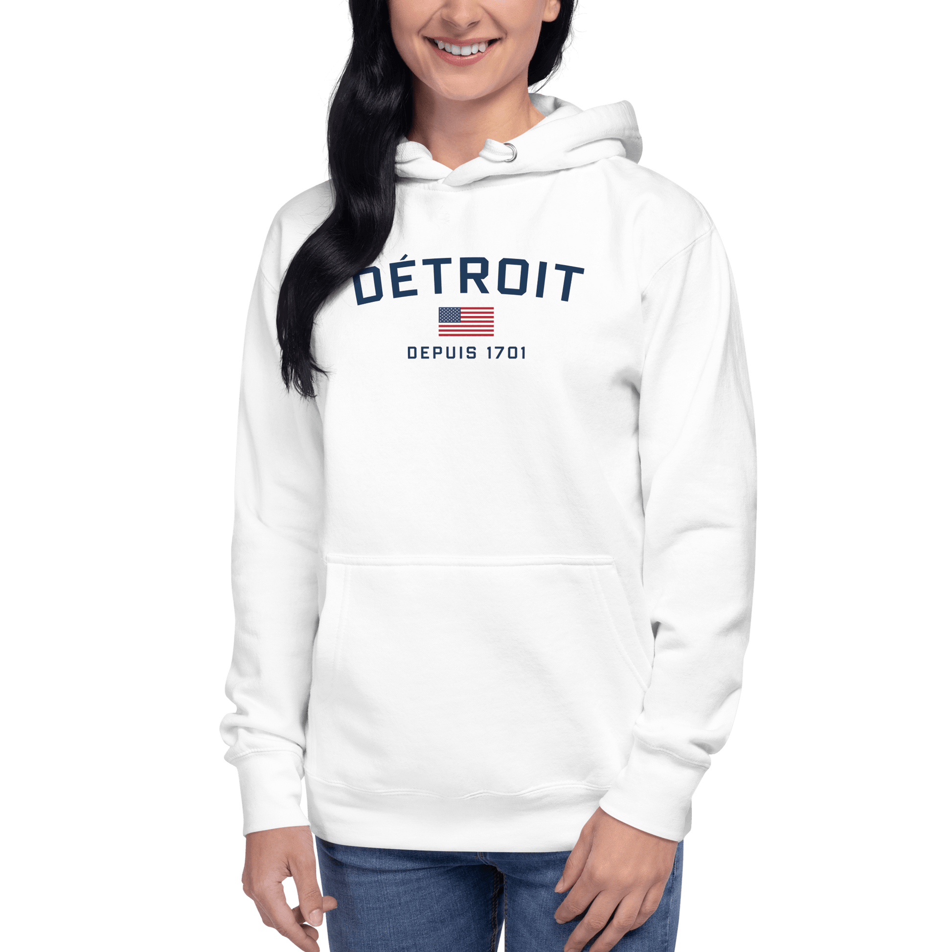 'Détroit Depuis 1701' Hoodie (White/Navy Lettering) | Unisex Premium - Circumspice Michigan