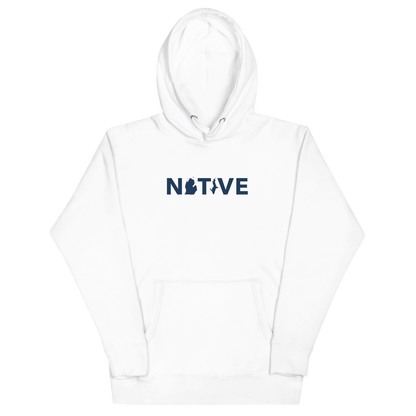 Michigan 'Native' Hoodie (White/Navy Geometric Sans Font) | Unisex Premium - Circumspice Michigan