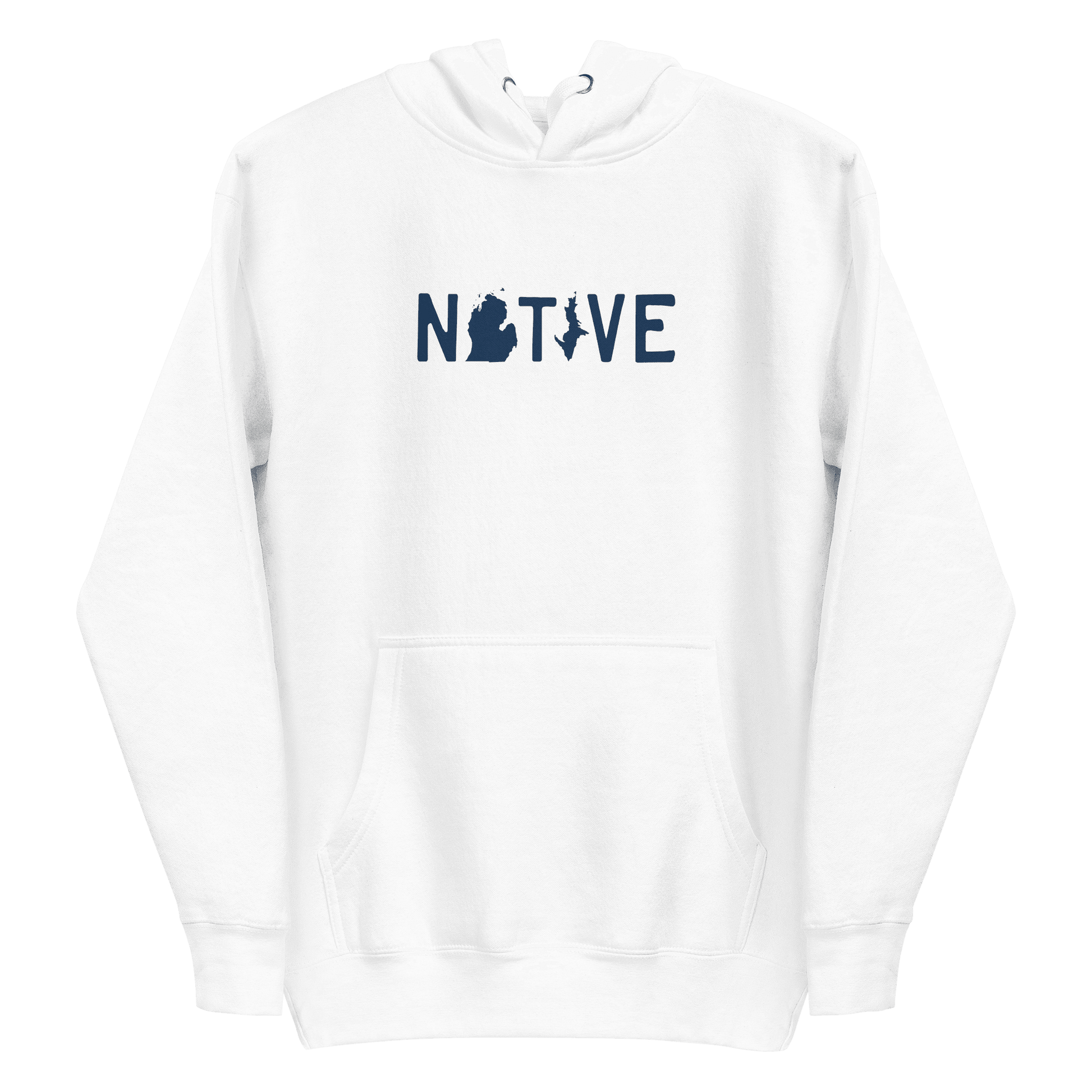 Michigan 'Native' Hoodie (White/Navy Licence Plate Font) | Unisex Premium - Circumspice Michigan