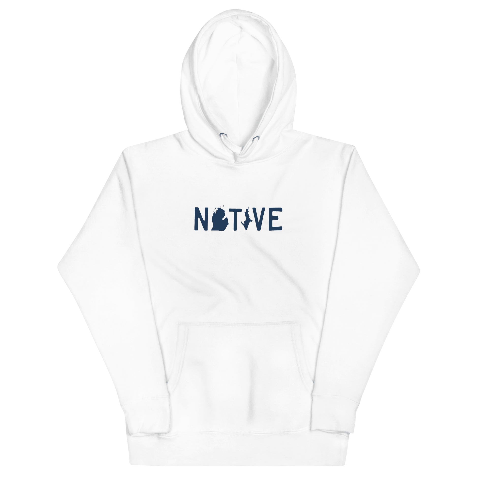 Michigan 'Native' Hoodie (White/Navy Licence Plate Font) | Unisex Premium - Circumspice Michigan