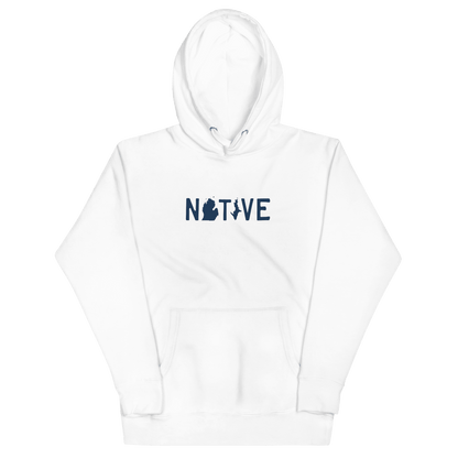 Michigan 'Native' Hoodie (White/Navy Licence Plate Font) | Unisex Premium - Circumspice Michigan