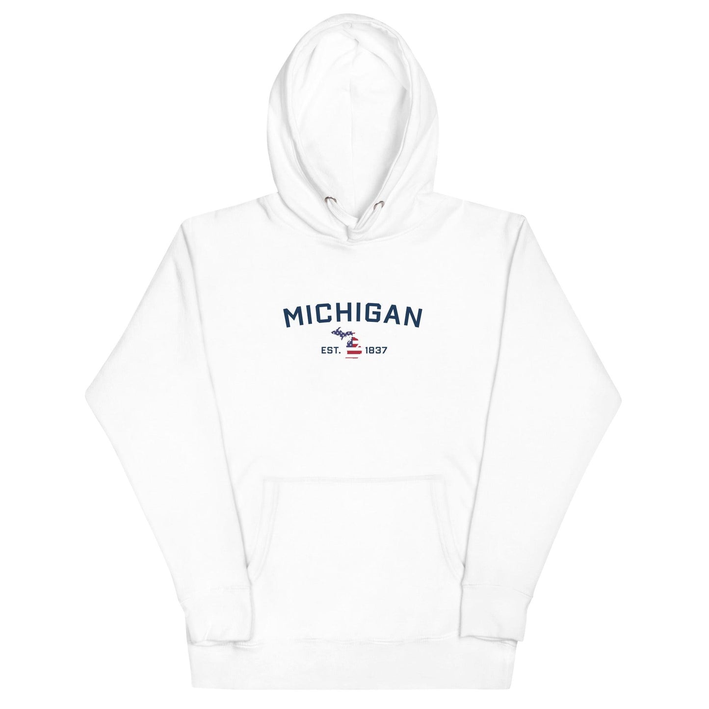 'Michigan EST 1837' Hoodie (w/ USA Flag MI Outline) | Unisex Premium - Circumspice Michigan