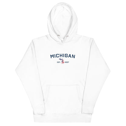 'Michigan EST 1837' Hoodie (w/ USA Flag MI Outline) | Unisex Premium - Circumspice Michigan