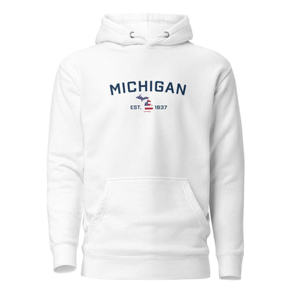 'Michigan EST 1837' Hoodie (w/ USA Flag MI Outline) | Unisex Premium - Circumspice Michigan