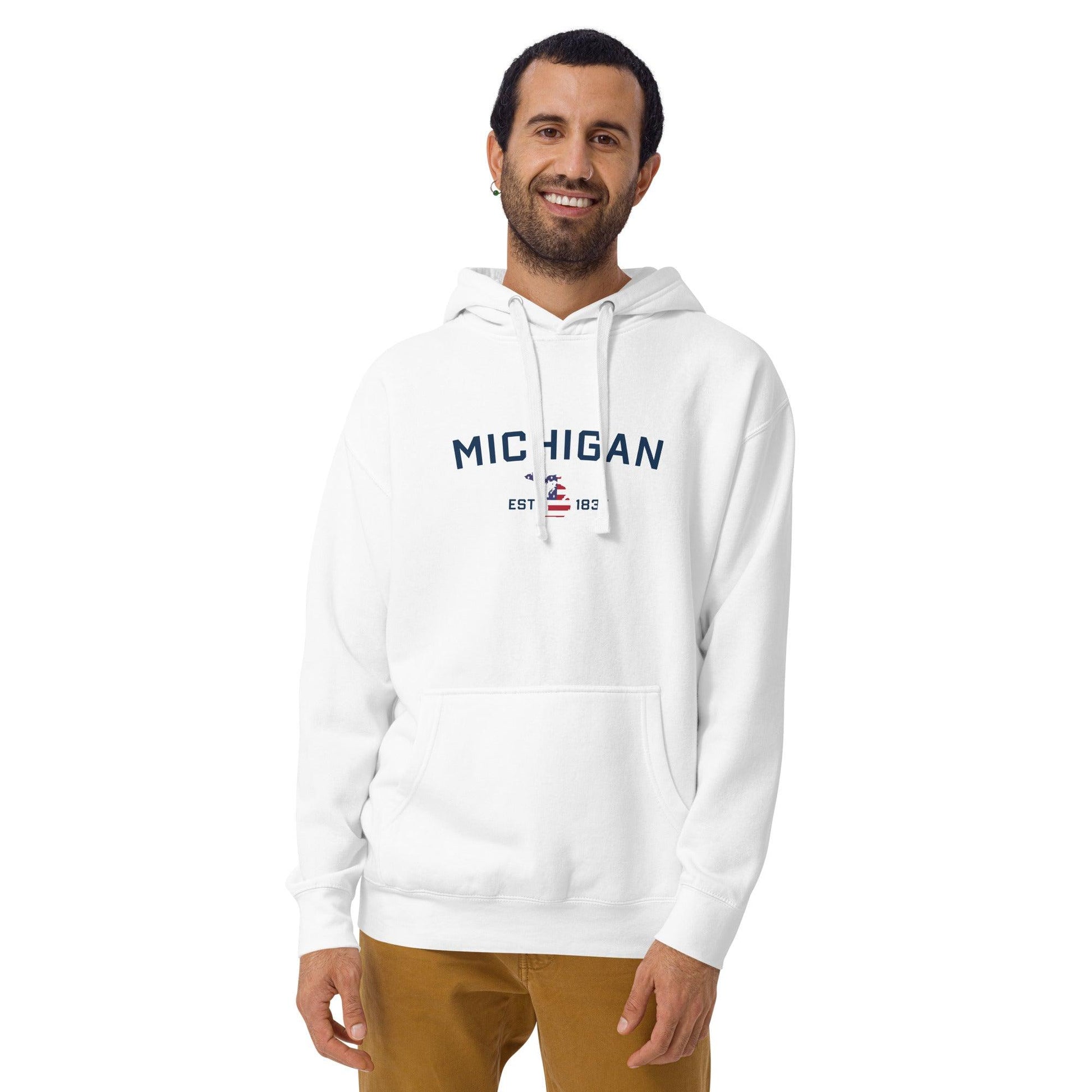 'Michigan EST 1837' Hoodie (w/ USA Flag MI Outline) | Unisex Premium - Circumspice Michigan