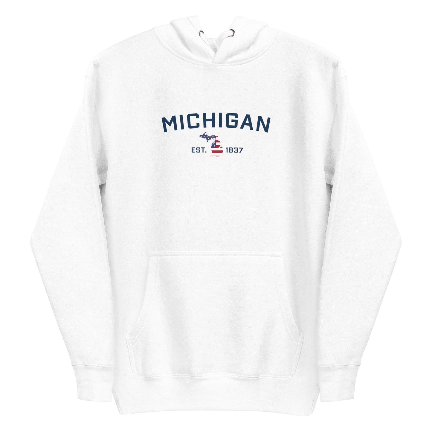 'Michigan EST 1837' Hoodie (w/ USA Flag MI Outline) | Unisex Premium - Circumspice Michigan