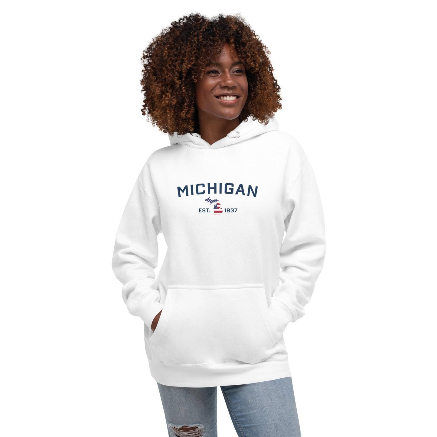 'Michigan EST 1837' Hoodie (w/ USA Flag MI Outline) | Unisex Premium - Circumspice Michigan