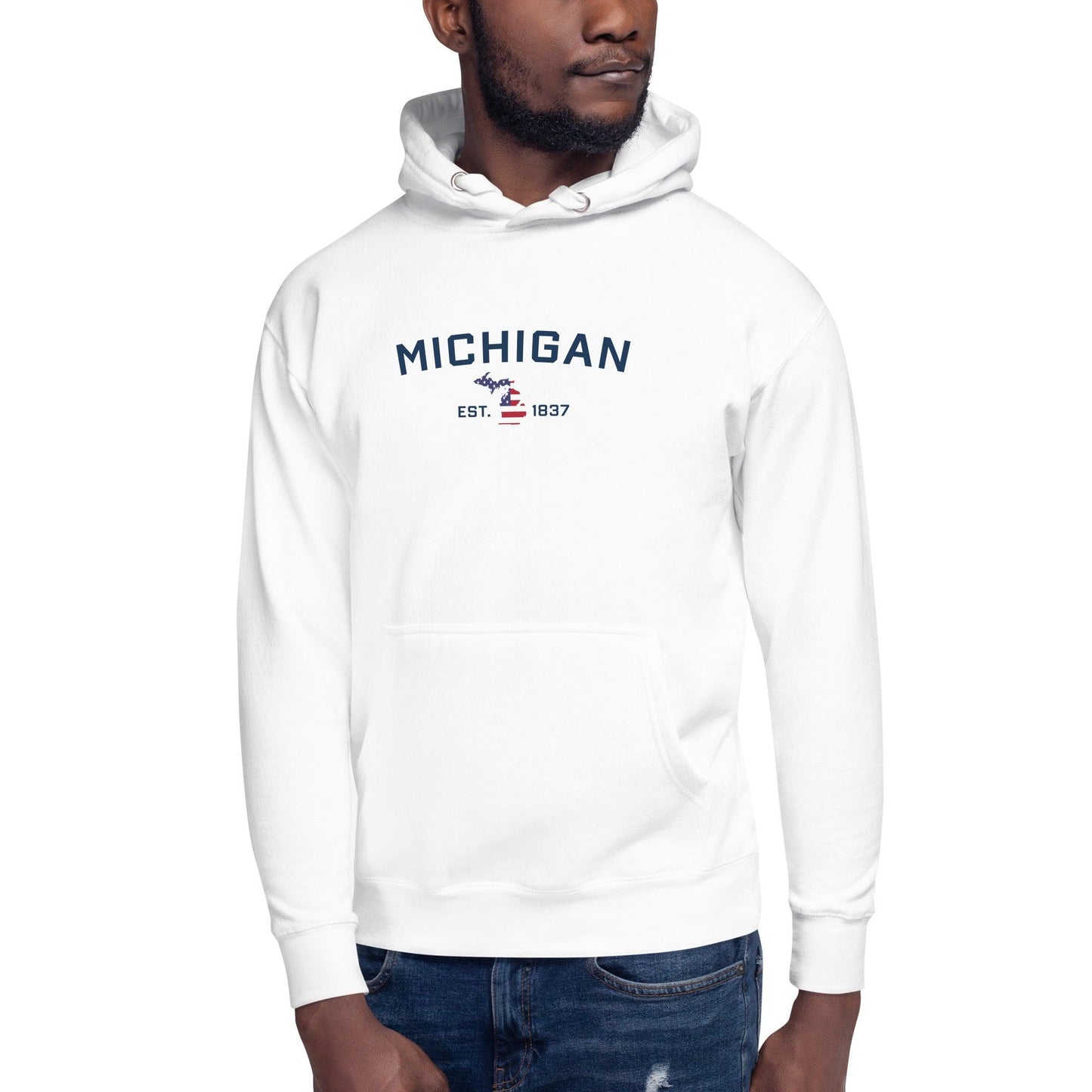 'Michigan EST 1837' Hoodie (w/ USA Flag MI Outline) | Unisex Premium - Circumspice Michigan