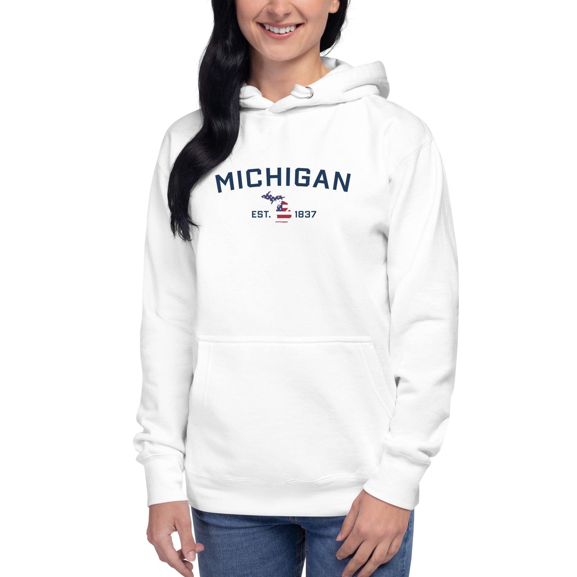 'Michigan EST 1837' Hoodie (w/ USA Flag MI Outline) | Unisex Premium - Circumspice Michigan