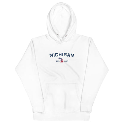 'Michigan EST 1837' Hoodie (w/ USA Flag MI Outline) | Unisex Premium - Circumspice Michigan