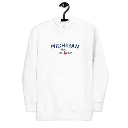 'Michigan EST 1837' Hoodie (w/ USA Flag MI Outline) | Unisex Premium - Circumspice Michigan