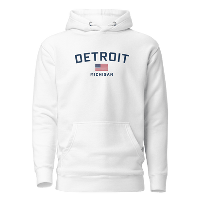 'Detroit Michigan' Hoodie (White/Navy w/ USA Flag) | Unisex Premium - Circumspice Michigan