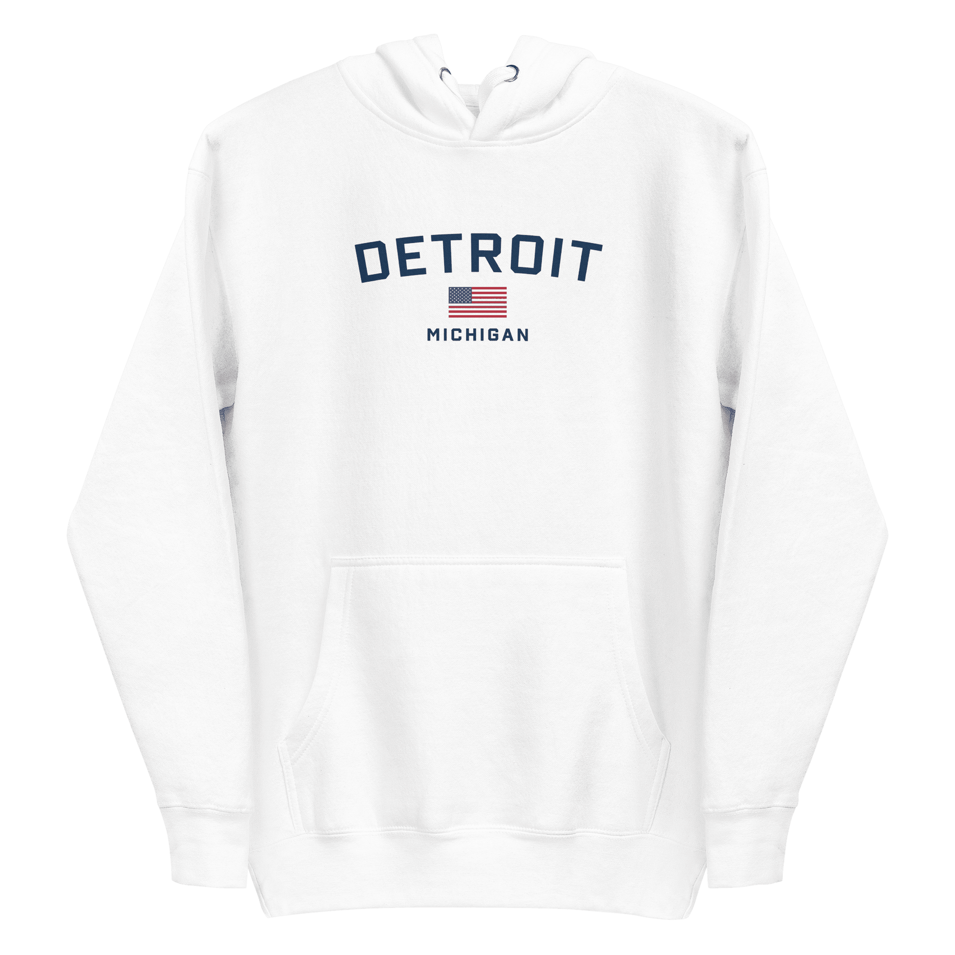 'Detroit Michigan' Hoodie (White/Navy w/ USA Flag) | Unisex Premium - Circumspice Michigan