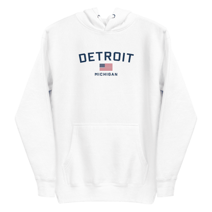 'Detroit Michigan' Hoodie (White/Navy w/ USA Flag) | Unisex Premium - Circumspice Michigan