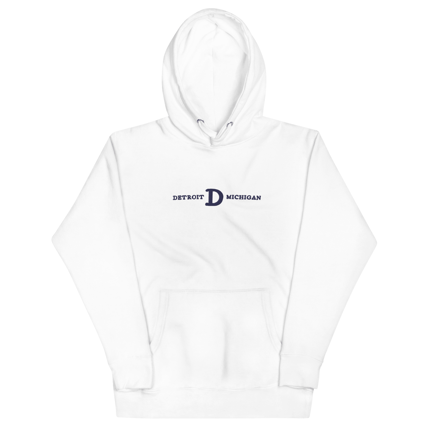 'Detroit Michigan' Hoodie (White/Navy Embroidery w/ Old French D) | Unisex Premium - Circumspice Michigan