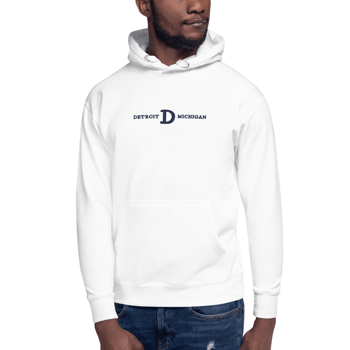 'Detroit Michigan' Hoodie (White/Navy Embroidery w/ Old French D) | Unisex Premium - Circumspice Michigan