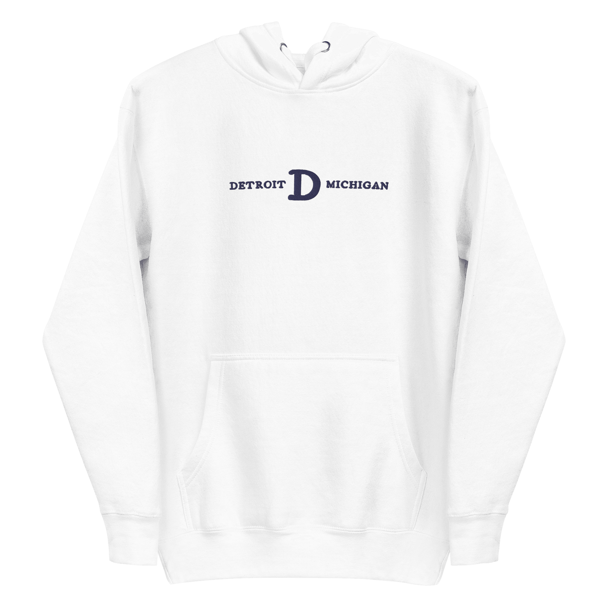 'Detroit Michigan' Hoodie (White/Navy Embroidery w/ Old French D) | Unisex Premium - Circumspice Michigan