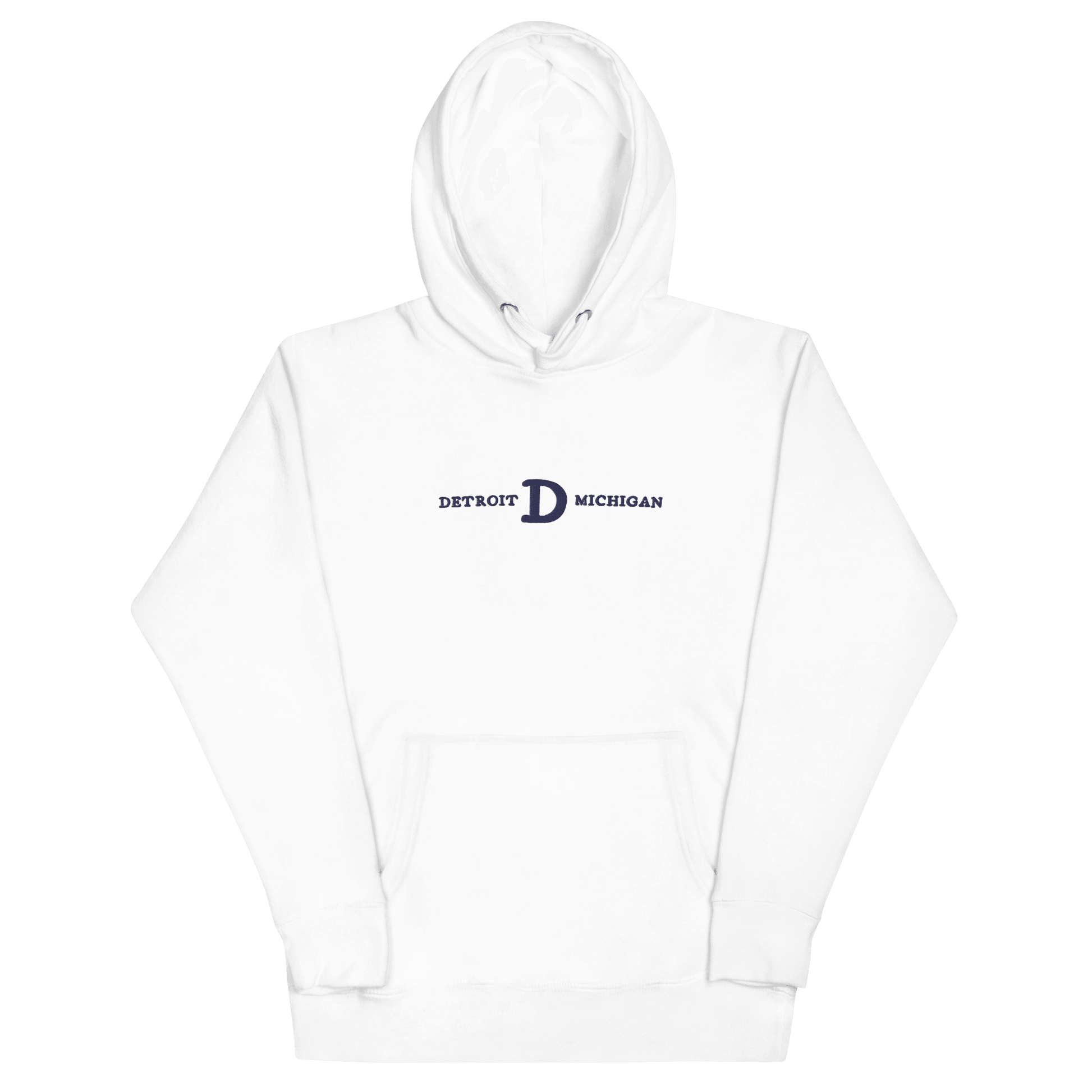 'Detroit Michigan' Hoodie (White/Navy Embroidery w/ Old French D) | Unisex Premium - Circumspice Michigan