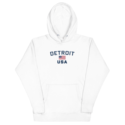 'Detroit USA' Hoodie (White/Navy w/ USA Flag)  Unisex Premium - Circumspice Michigan