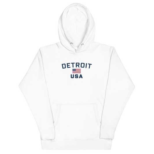 'Detroit USA' Hoodie (White/Navy w/ USA Flag)  Unisex Premium - Circumspice Michigan