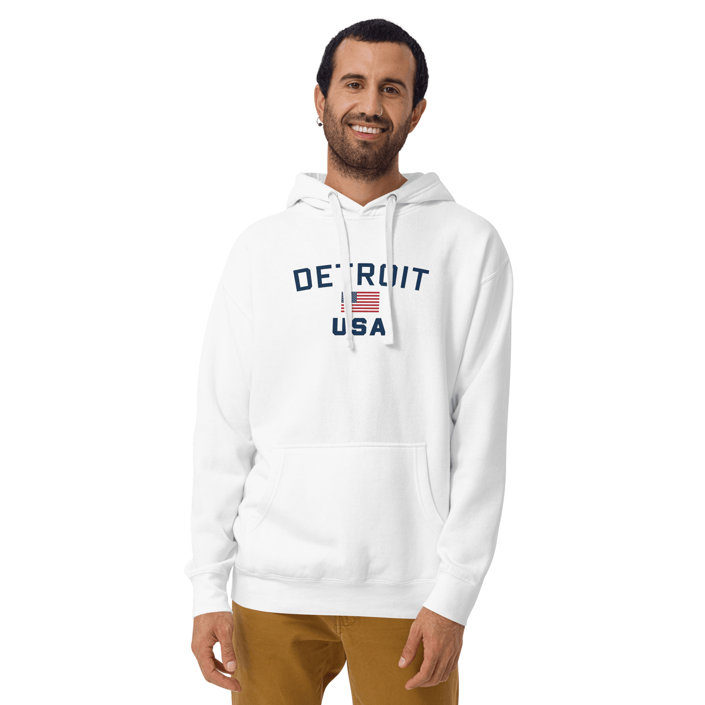 'Detroit USA' Hoodie (White/Navy w/ USA Flag)  Unisex Premium - Circumspice Michigan