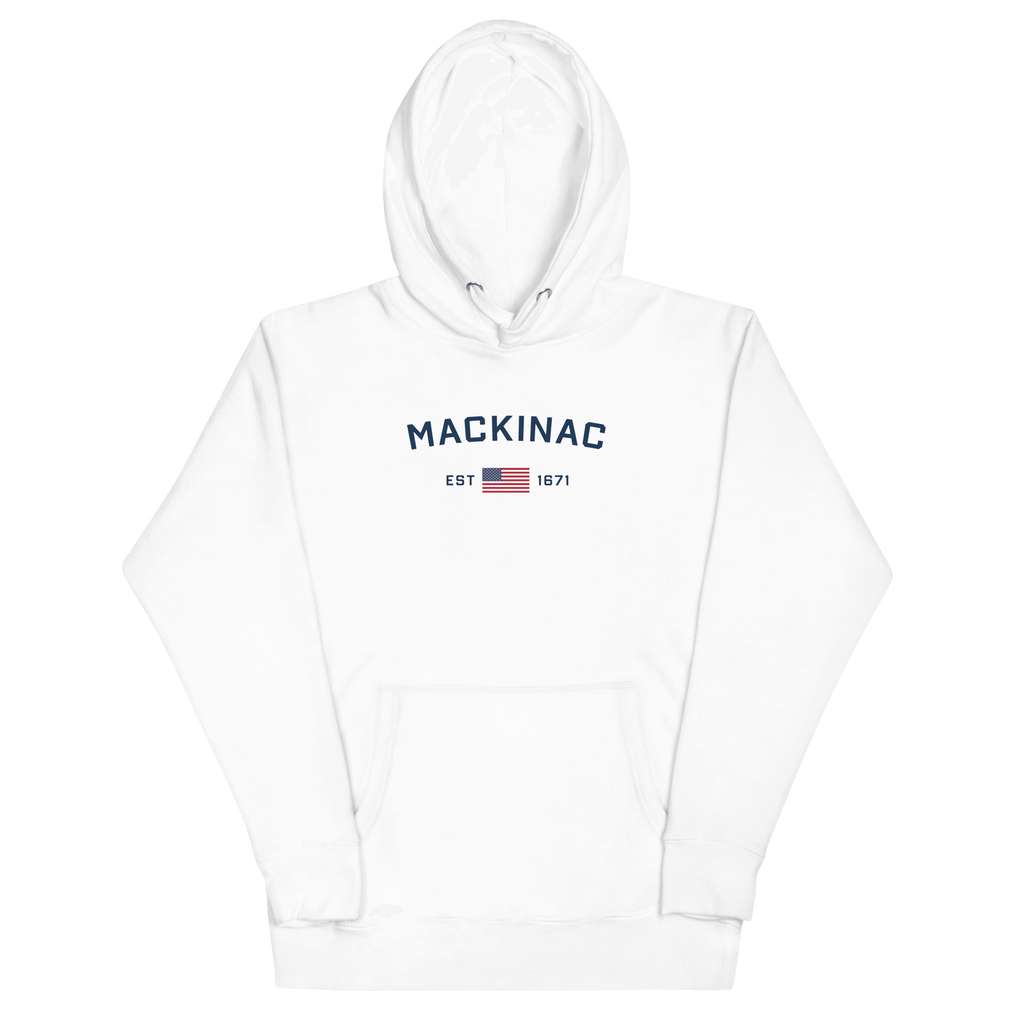 'Mackinac EST 1671' Hoodie (w/ USA Flag Outline) | Unisex Premium - Circumspice Michigan