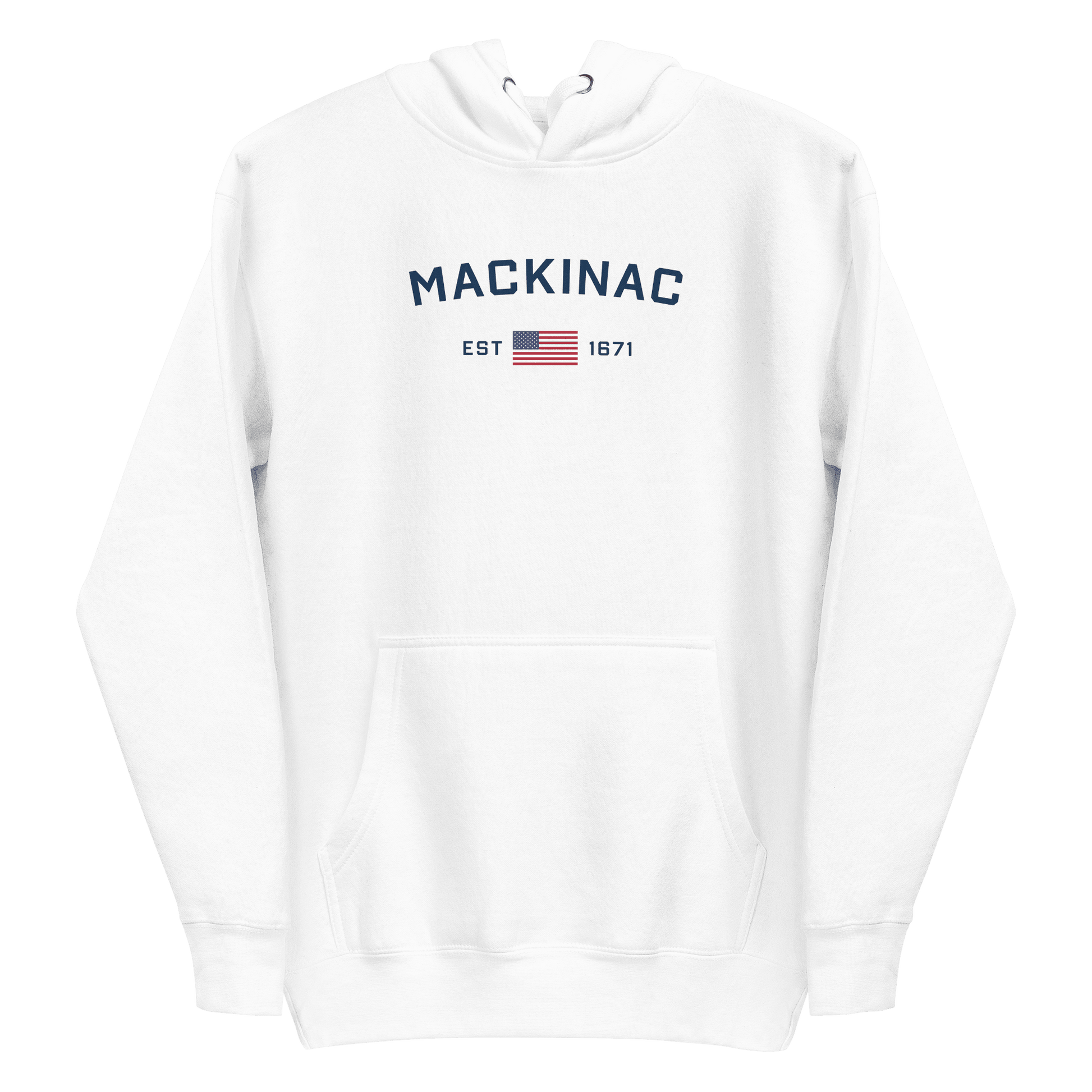 'Mackinac EST 1671' Hoodie (w/ USA Flag Outline) | Unisex Premium - Circumspice Michigan