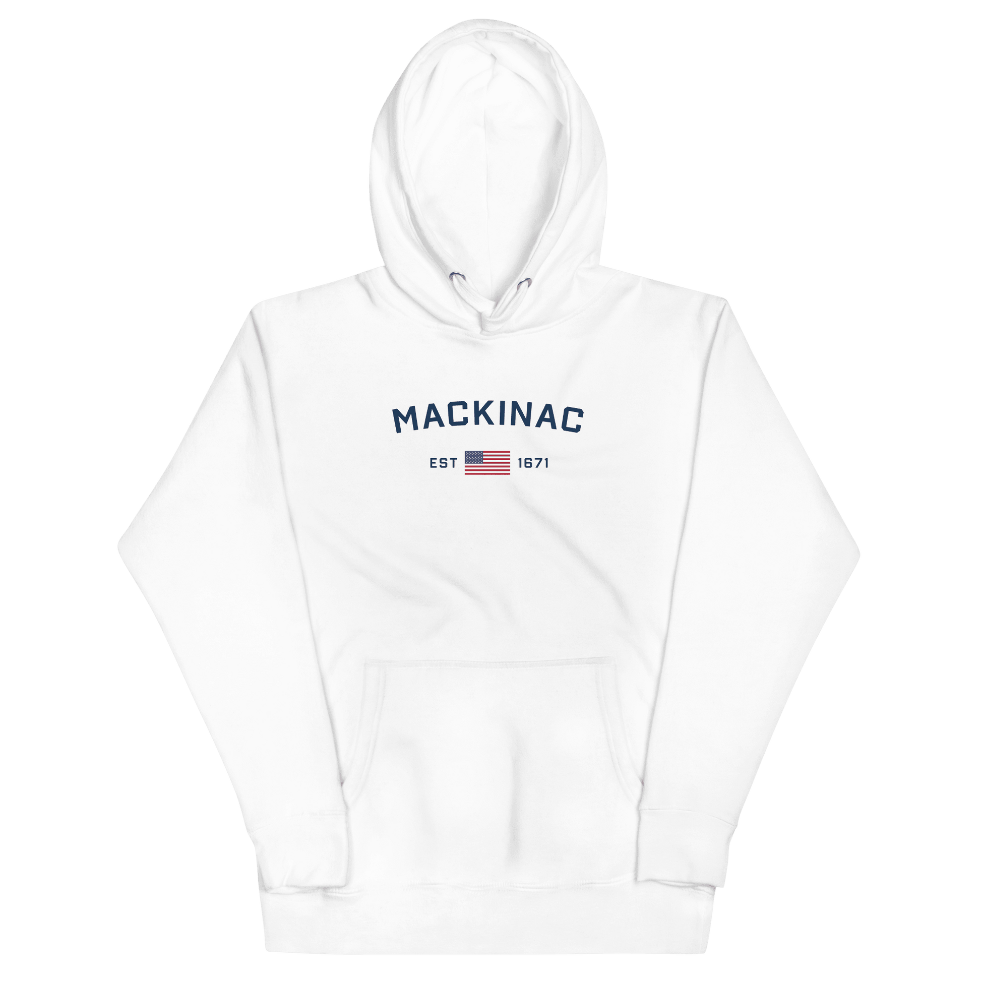 'Mackinac EST 1671' Hoodie (w/ USA Flag Outline) | Unisex Premium - Circumspice Michigan