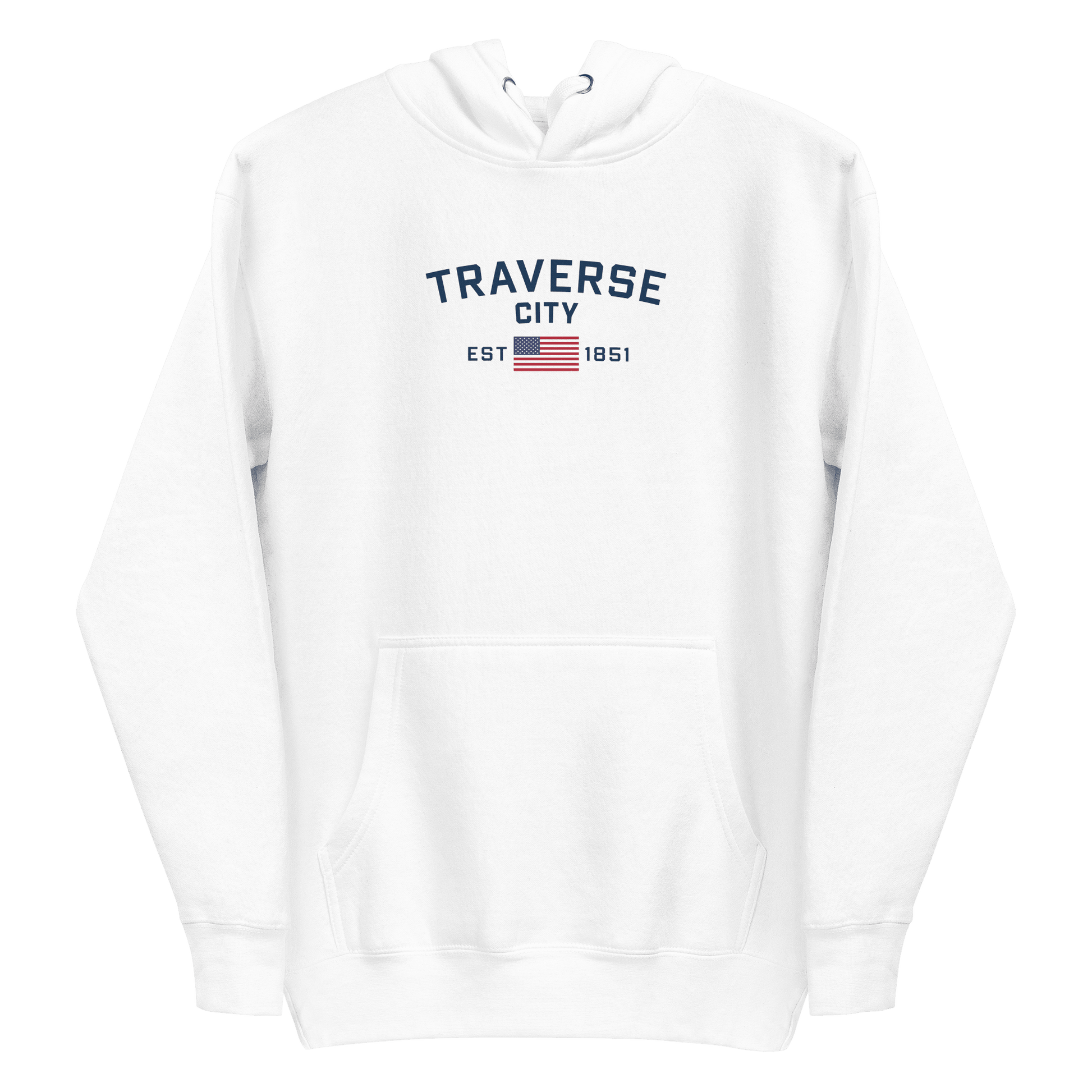 'Traverse City EST 1851' Hoodie (w/ USA Flag Outline) | Unisex Premium - Circumspice Michigan