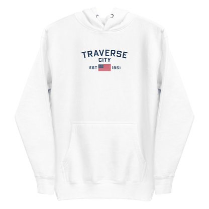 'Traverse City EST 1851' Hoodie (w/ USA Flag Outline) | Unisex Premium - Circumspice Michigan