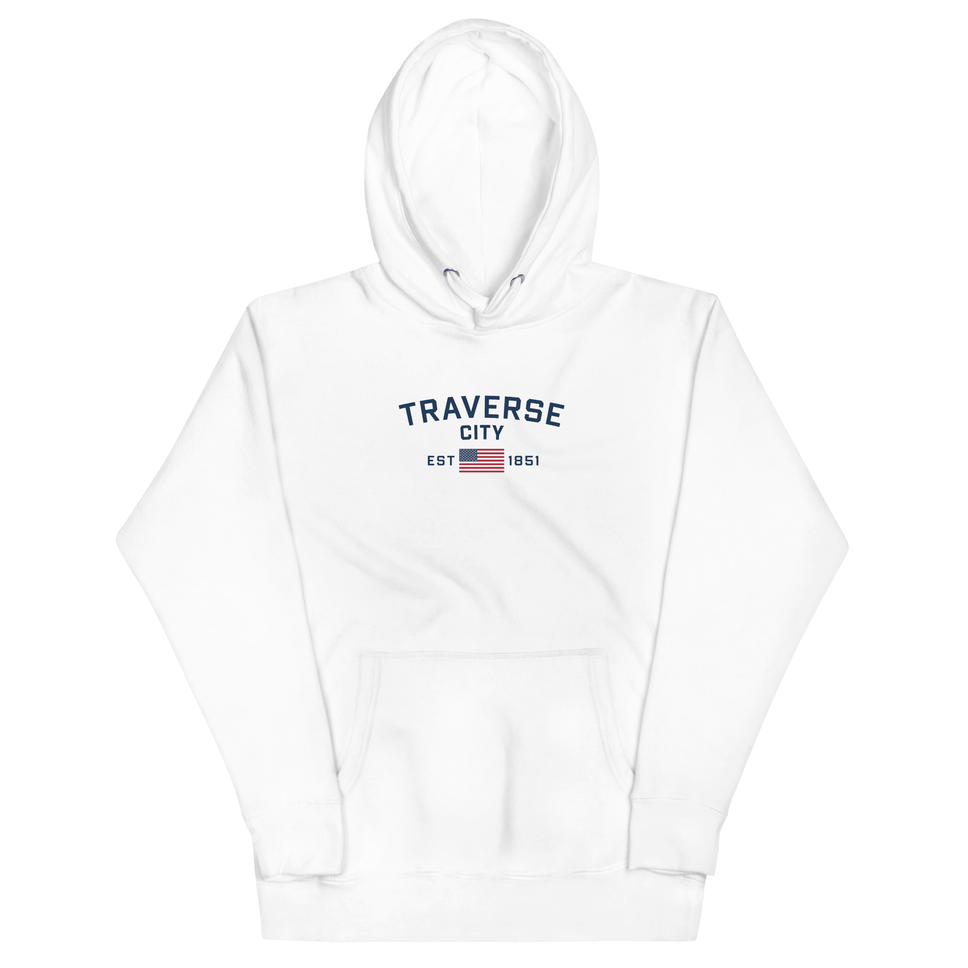 'Traverse City EST 1851' Hoodie (w/ USA Flag Outline) | Unisex Premium - Circumspice Michigan