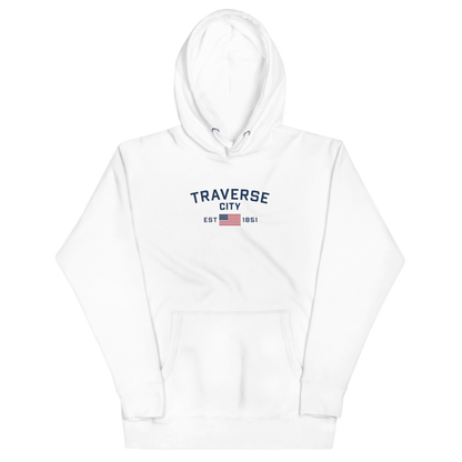 'Traverse City EST 1851' Hoodie (w/ USA Flag Outline) | Unisex Premium - Circumspice Michigan