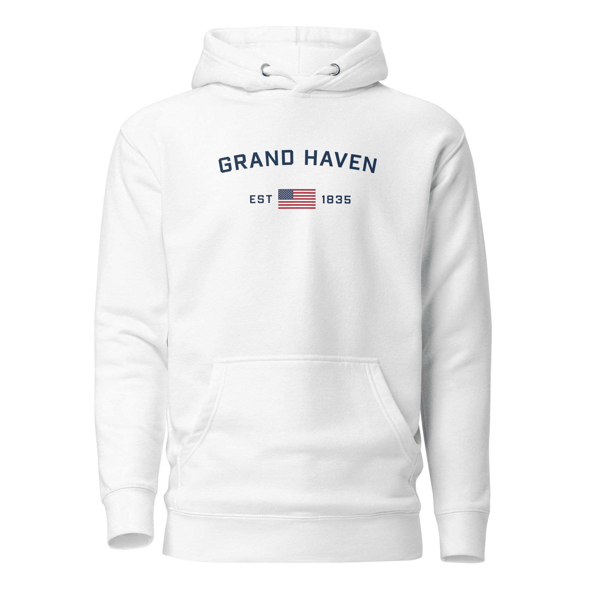 'Grand Haven EST 1835' Hoodie (w/ USA Flag Outline) | Unisex Premium - Circumspice Michigan