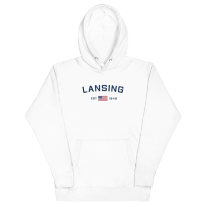 'Lansing EST 1848' Hoodie (w/. USA Flag Outline) | Unisex Premium - Circumspice Michigan